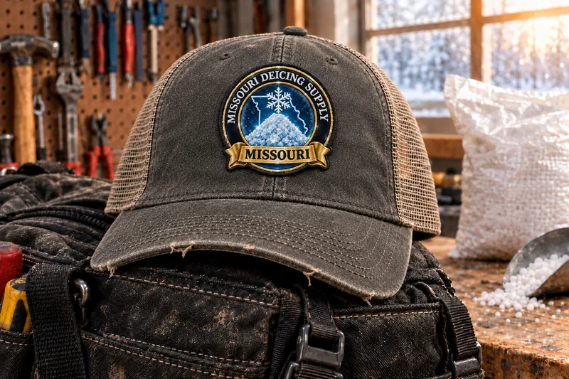 Missouri Deicing Supply trucker cap on a tool bag in a workshop