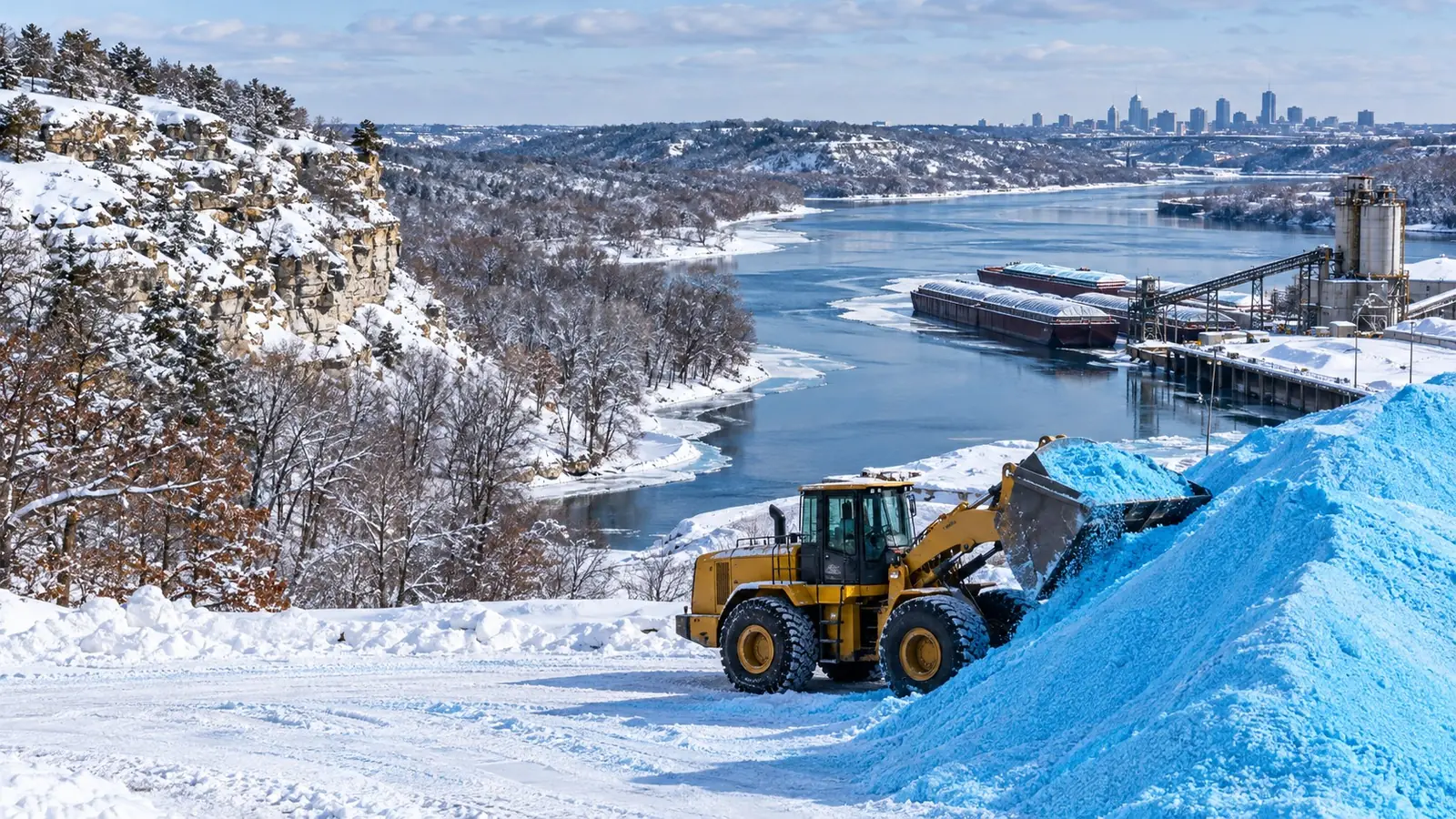 Loader working a pile of blue treated salt above a frozen river with barges and a city skyline in the distance